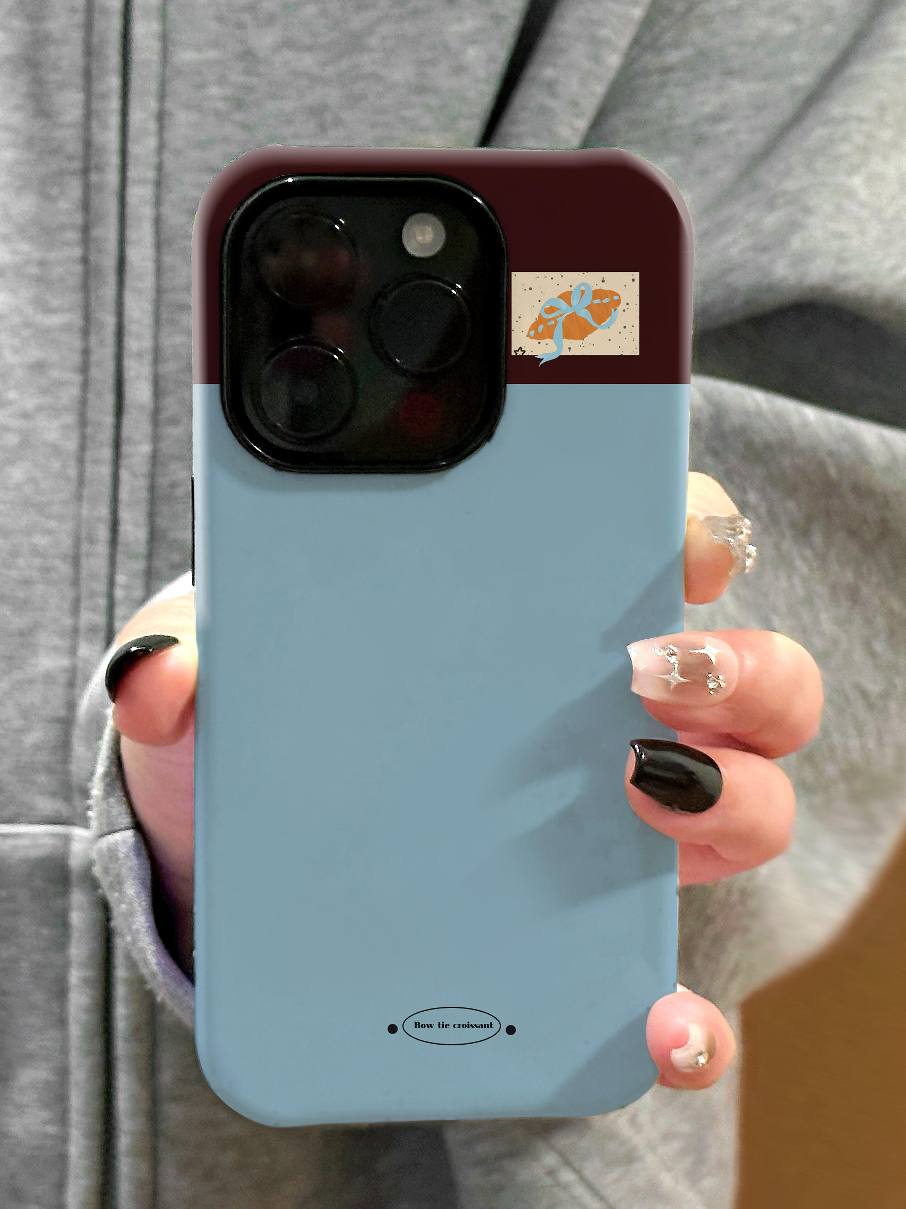 蓝棕色牛角包适用苹果15promax手机壳iphone17菲林二合一华为oppo