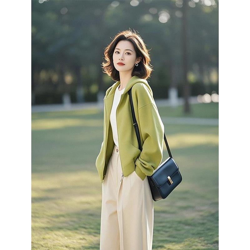 2026年春秋韩式新款小众绿色高级感短款上衣女宽松休闲百搭外套