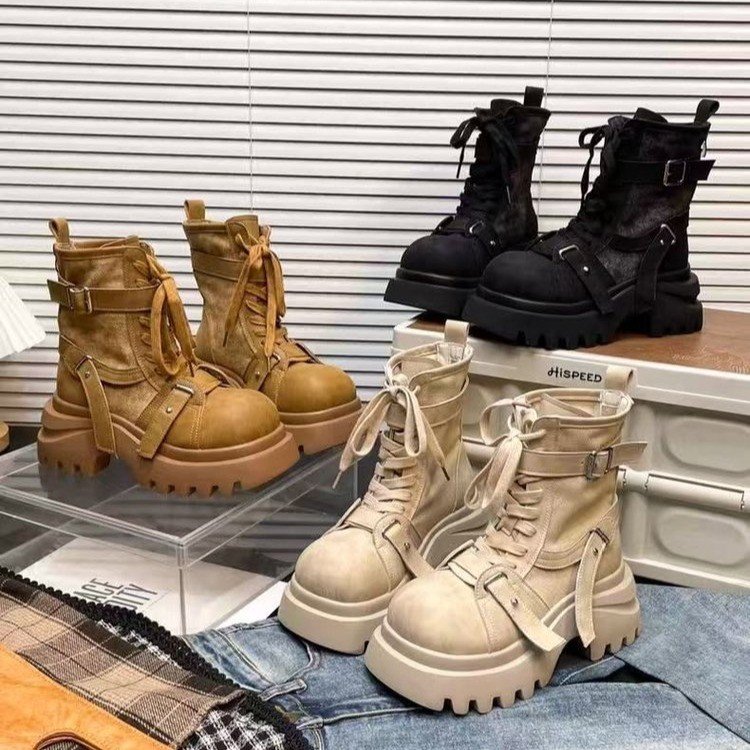 厚底增高时尚英伦风百搭系带女2025秋季新款马丁靴