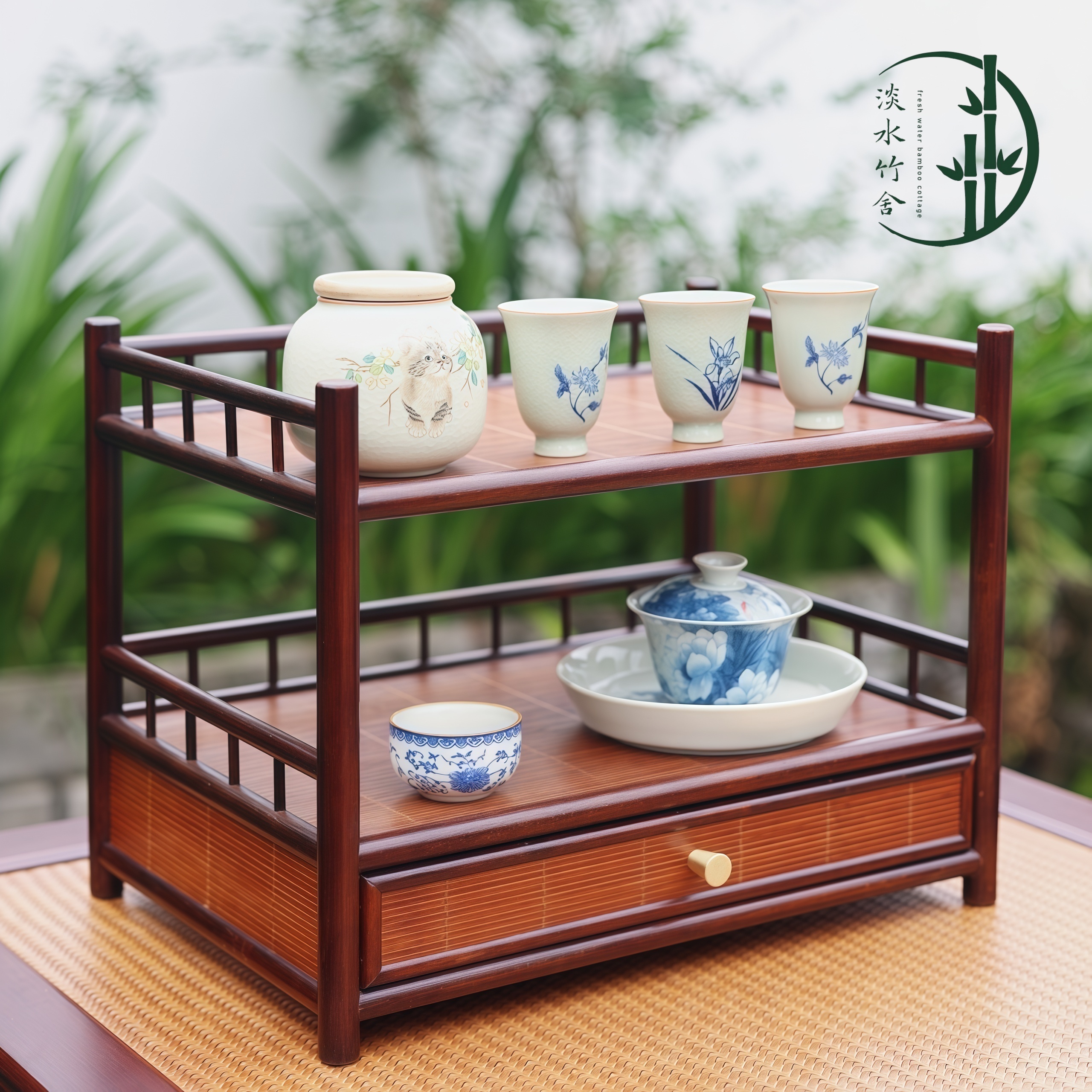 「莫言」楠竹手工制作壶杯文玩把件置物收纳博古架陶瓷茶具储物架