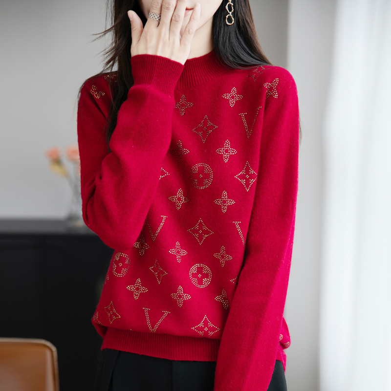 品牌女装新款圆领时尚烫钻百搭打底衫女士毛针织衫宽松上衣