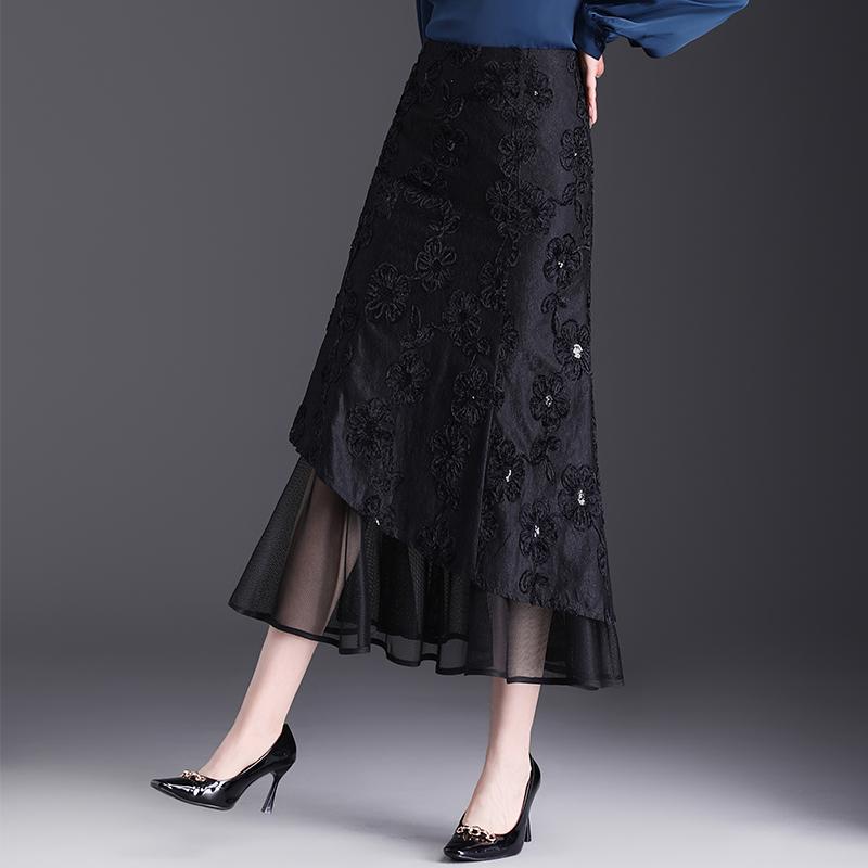 复古植绒刺绣包臀裙子半身裙女春秋2025新款高腰修身气质拼接长裙