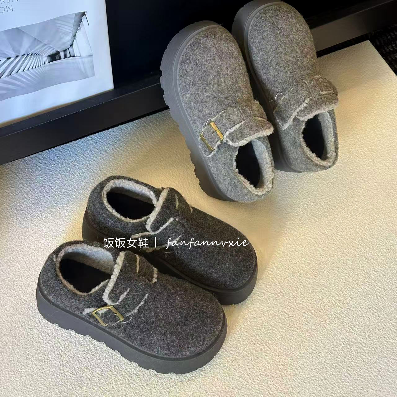 厚底增高小个子必入复古港风棉鞋纯色潮流风秋冬外穿灰色勃肯鞋