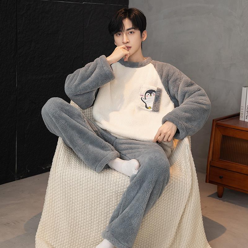2025年新款秋冬季天珊瑚绒睡衣大码男士加绒加厚青少年家居服套装