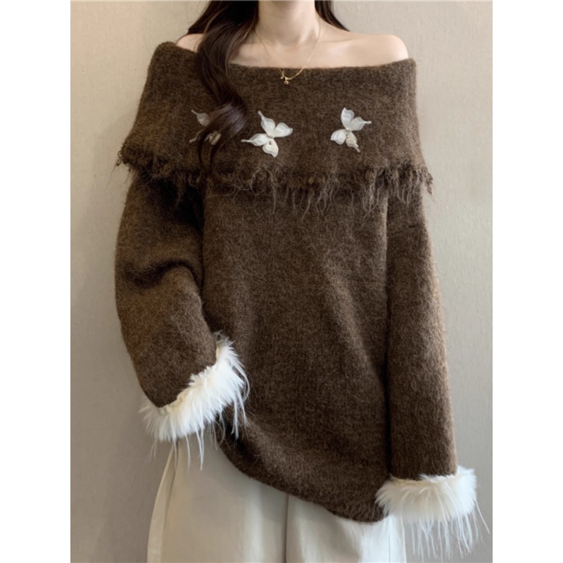 2025一字领露肩针织打底衫毛衣女春秋大码胖mm设计感毛毛拼接上衣