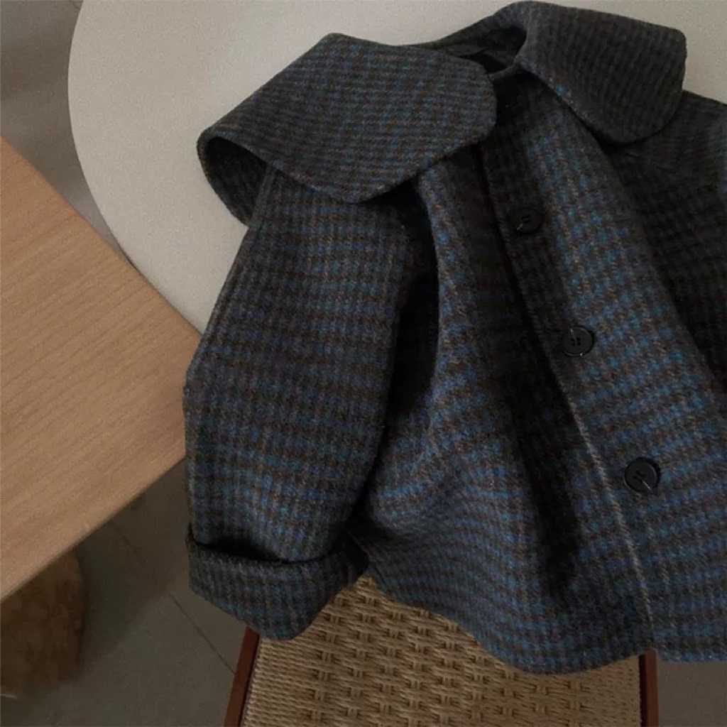 女童格子秋冬装韩国童装毛呢子儿童翻领休闲短款海军领夹棉外套