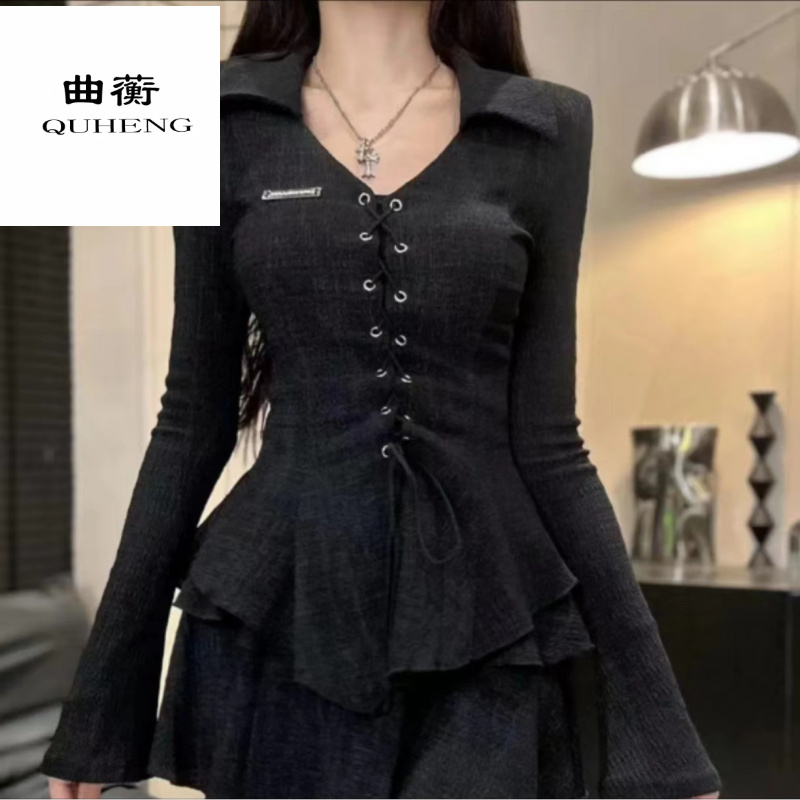 小香风显瘦气质时尚法式不规则收腰上衣＋百搭短裙套装 黑色浅咖色