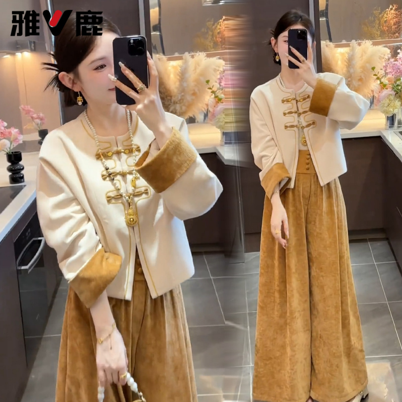 雅鹿秋季新款时尚套装女新中式国风短外套气质休闲裤两件套