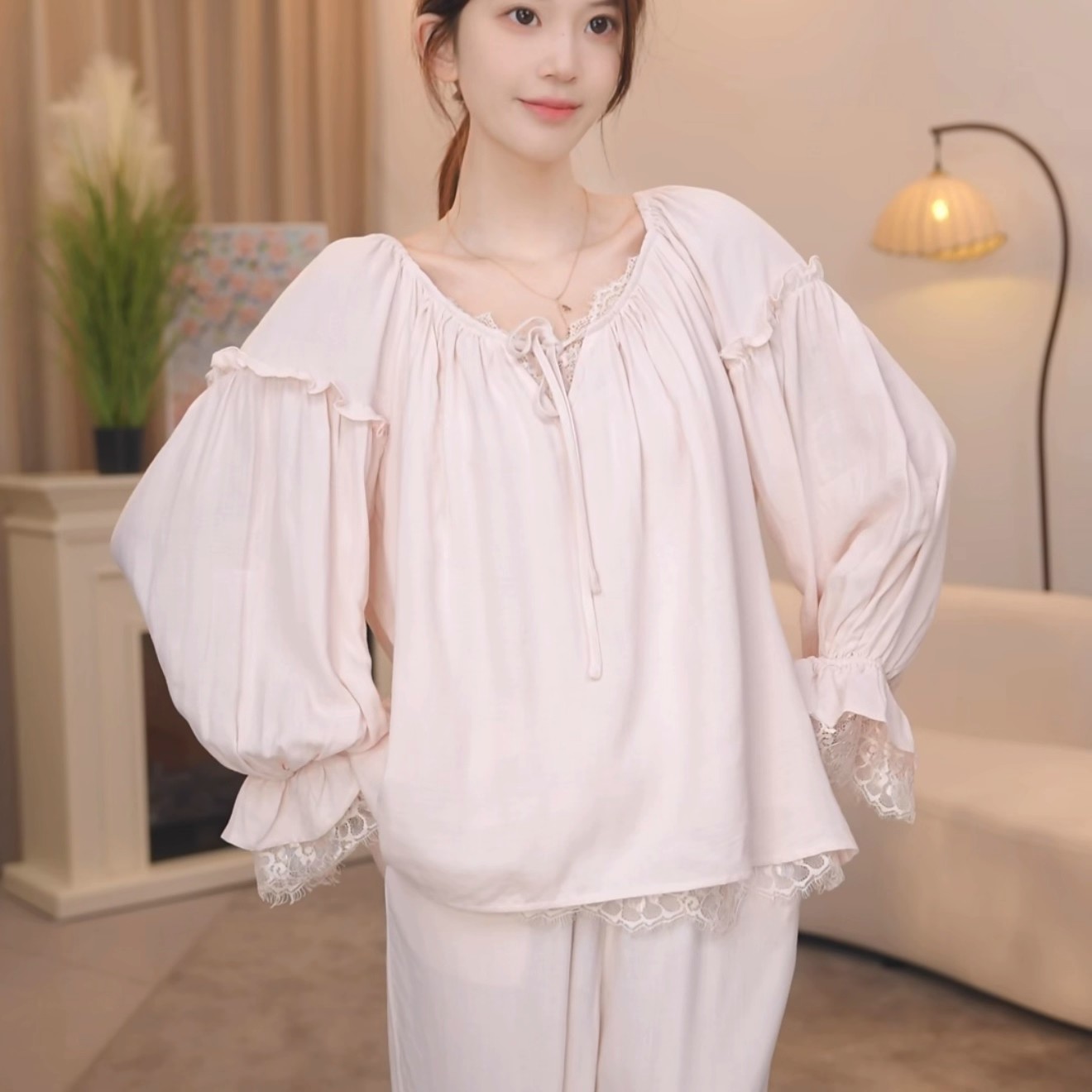 【芙芙子】春秋长袖甜美风简约显白全棉双层纱睡衣家居服套装可外穿