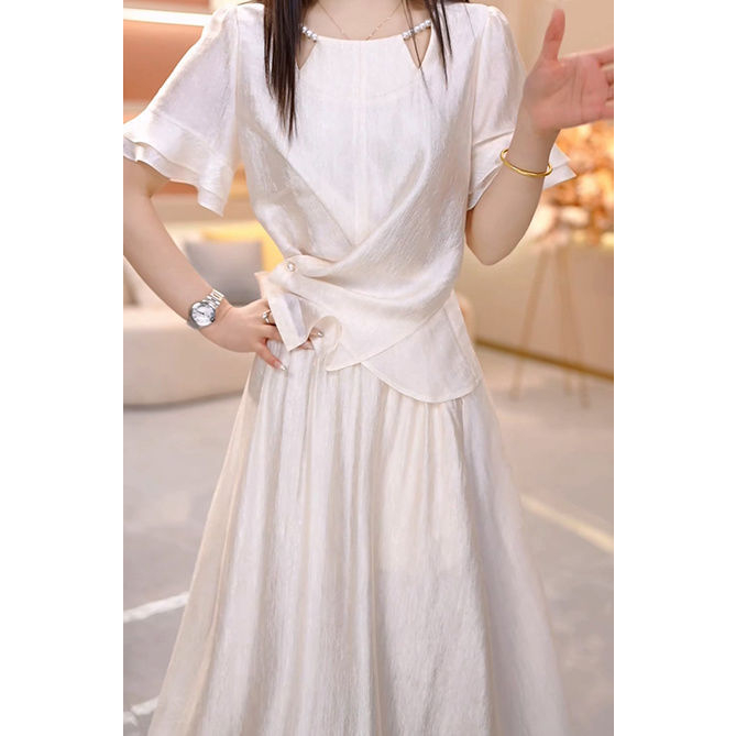 轻奢气质短袖两件套连衣裙女2025夏季新款妈妈纯色半身裙礼服套装