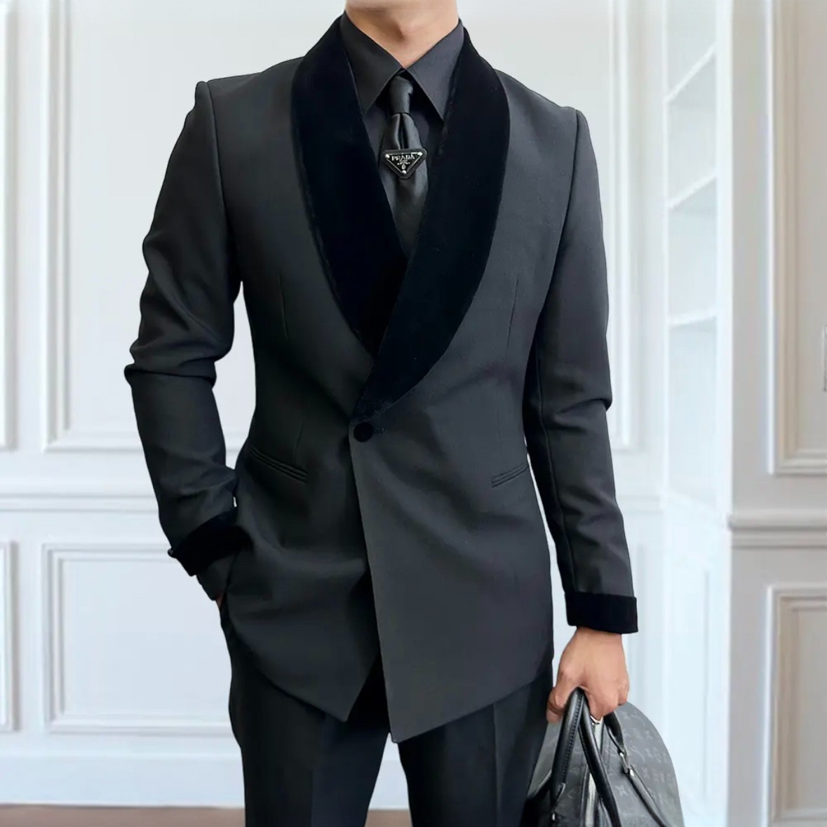 英伦复古轻奢修身黑色系时尚丝绒青果领西装结婚主持/婚礼/新郎