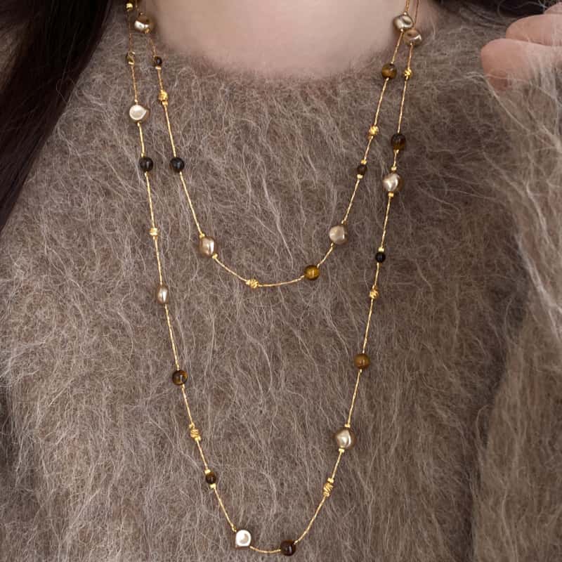 铜仿珍珠项链 美拉德虎眼石珍珠项链女秋冬百搭高级感长款毛衣链