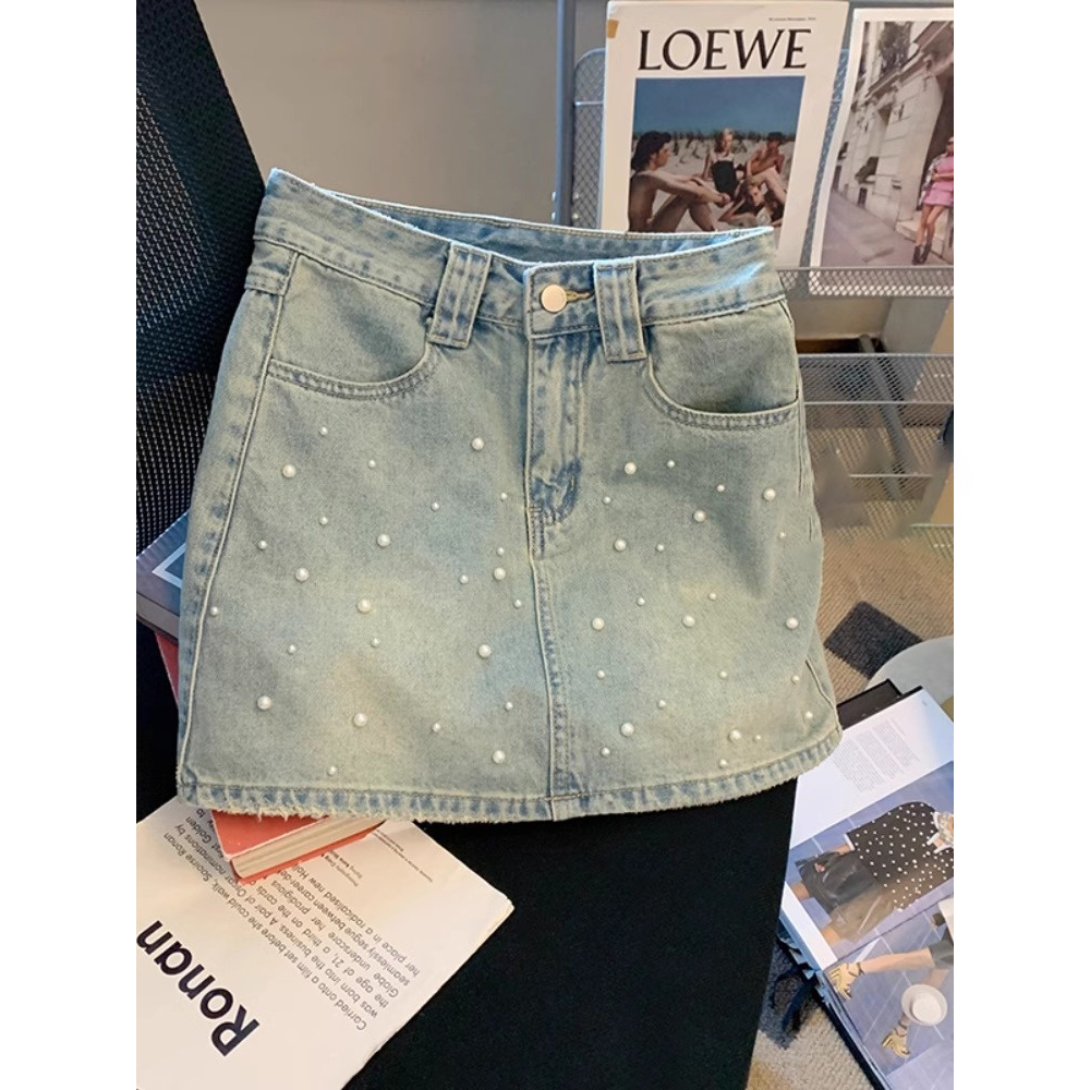 复古钉珠牛仔短裙女夏季新款设计感小众高腰显瘦直筒A字半身裙子