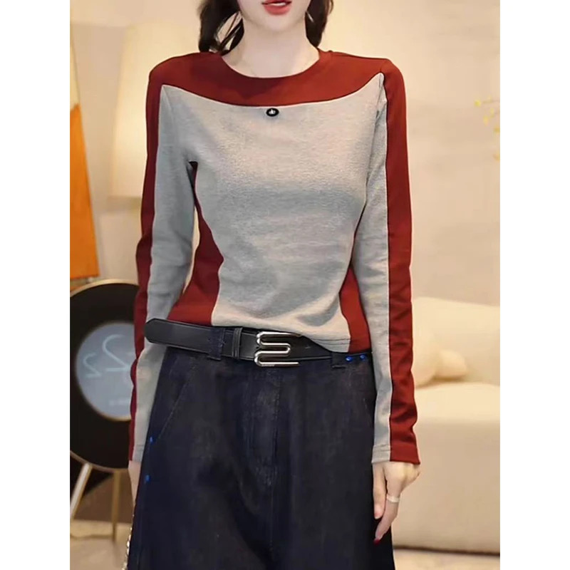美式插肩袖拼接长袖T恤女2025秋季新款潮牌修身显瘦甜辣风短上衣