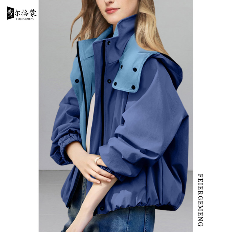 高档春秋新款时尚小个子风衣女休闲时尚运动户外连帽上衣百搭外套