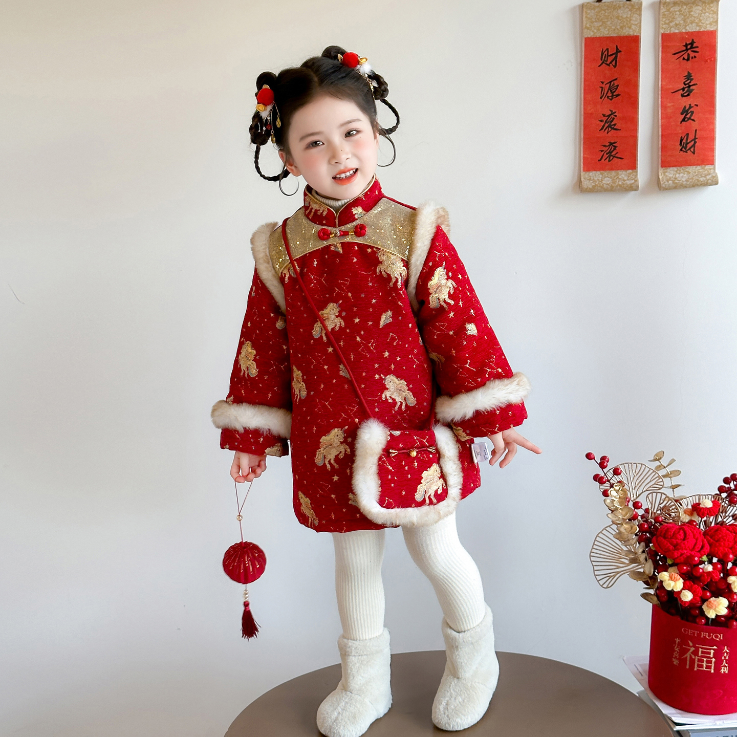 汉服女童马年拜年服冬季2026新款儿童旗袍裙宝宝新中式喜庆连衣裙