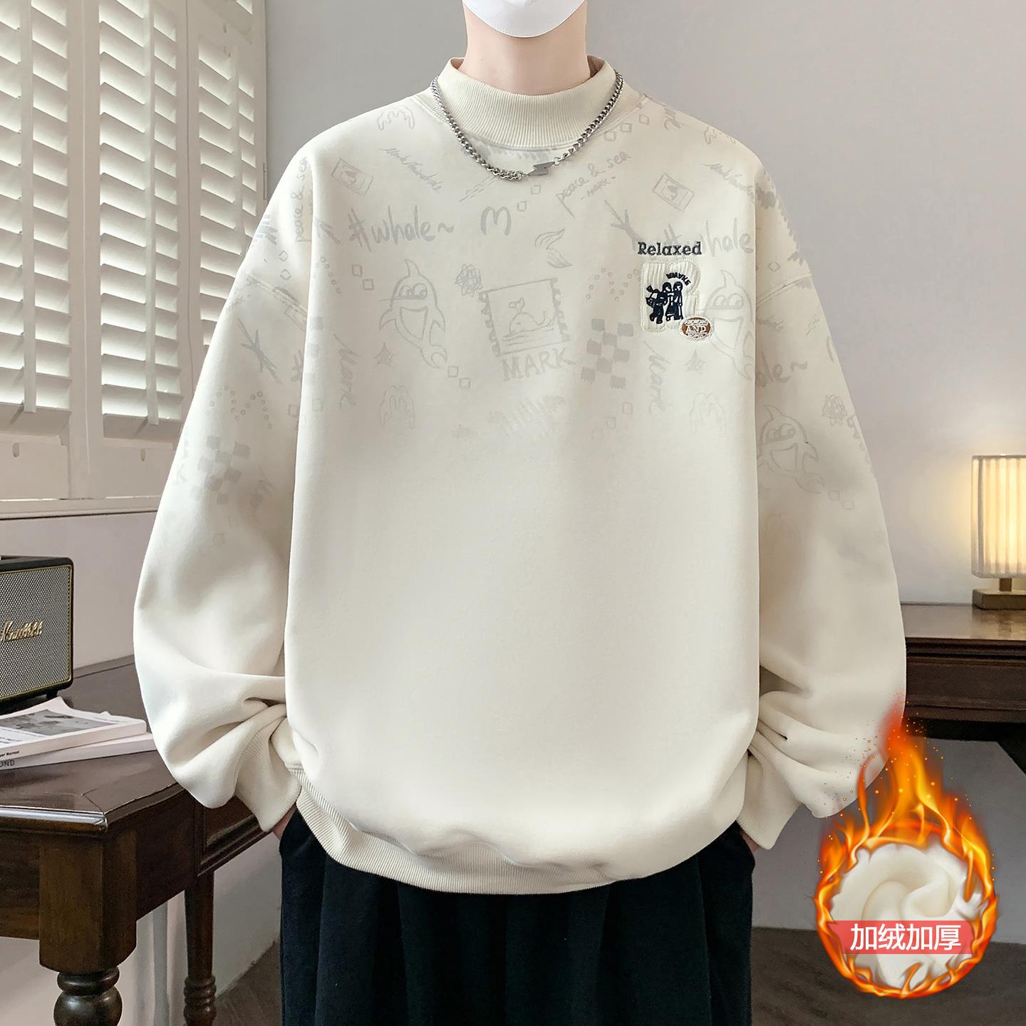 青少年秋冬款卫衣13岁男孩初中学生14加绒加厚15大童半高领打底衫