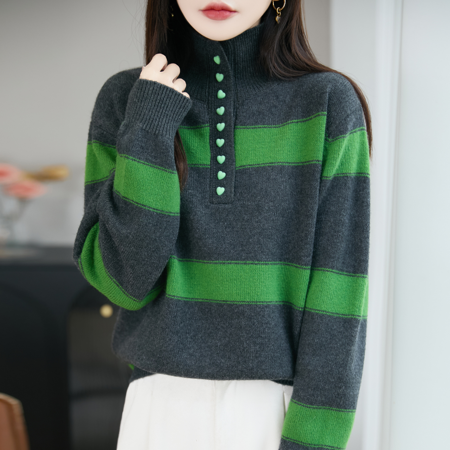 秋冬条纹撞色翻领羊毛针织衫女宽松半高领加厚保暖毛衣软糯打底衫