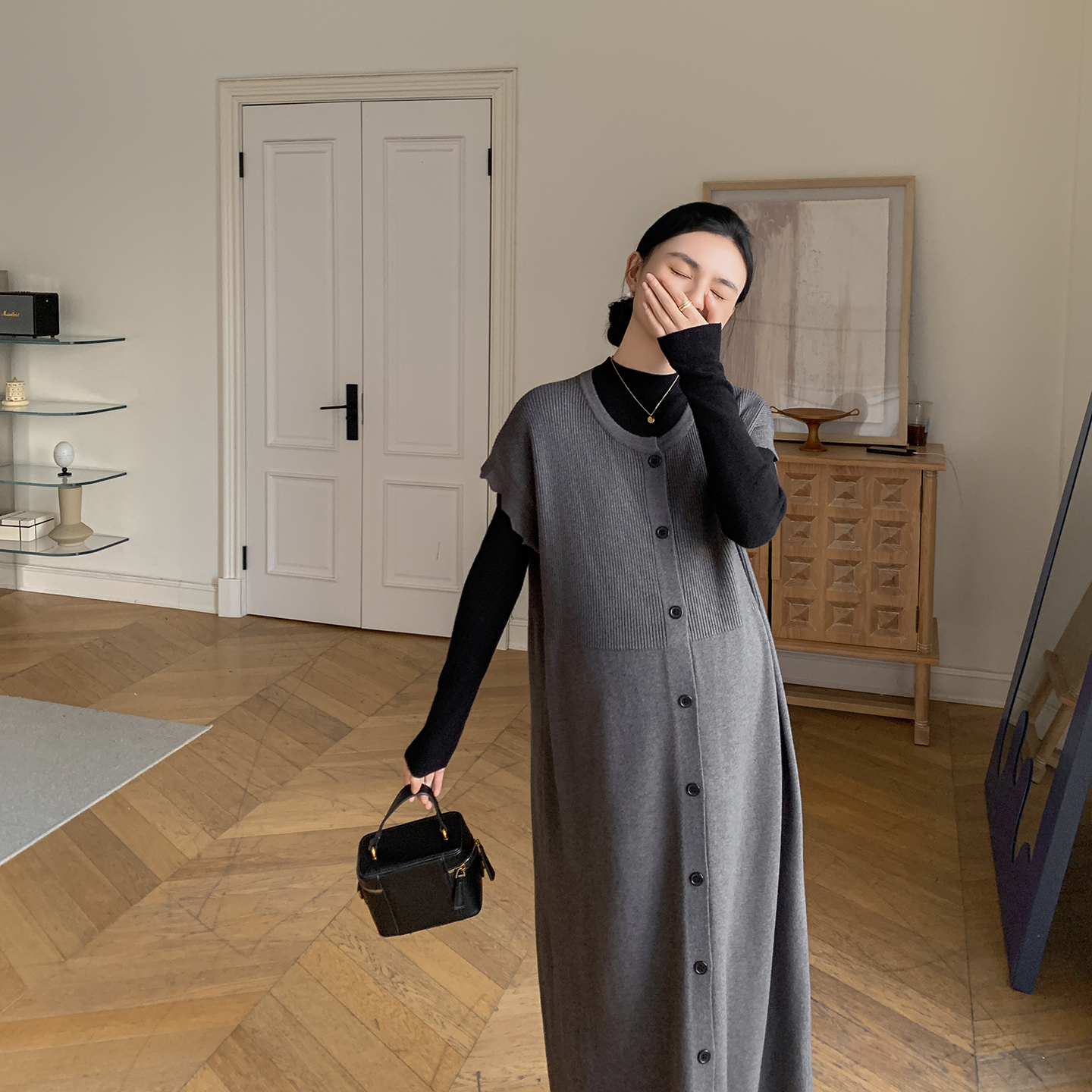 ZMA孕妇装【花边袖背心裙套装】秋冬连衣裙淡人高知老钱风穿搭冬季