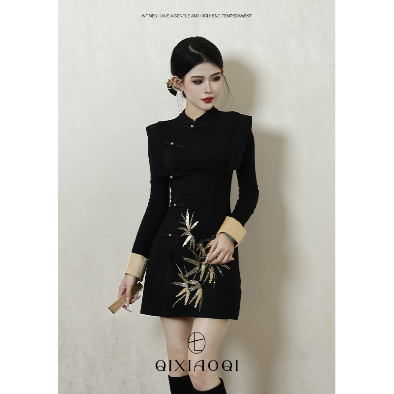 七小七Sicily【金竹】新中式国风古法立领收腰显瘦气质感旗袍连衣裙