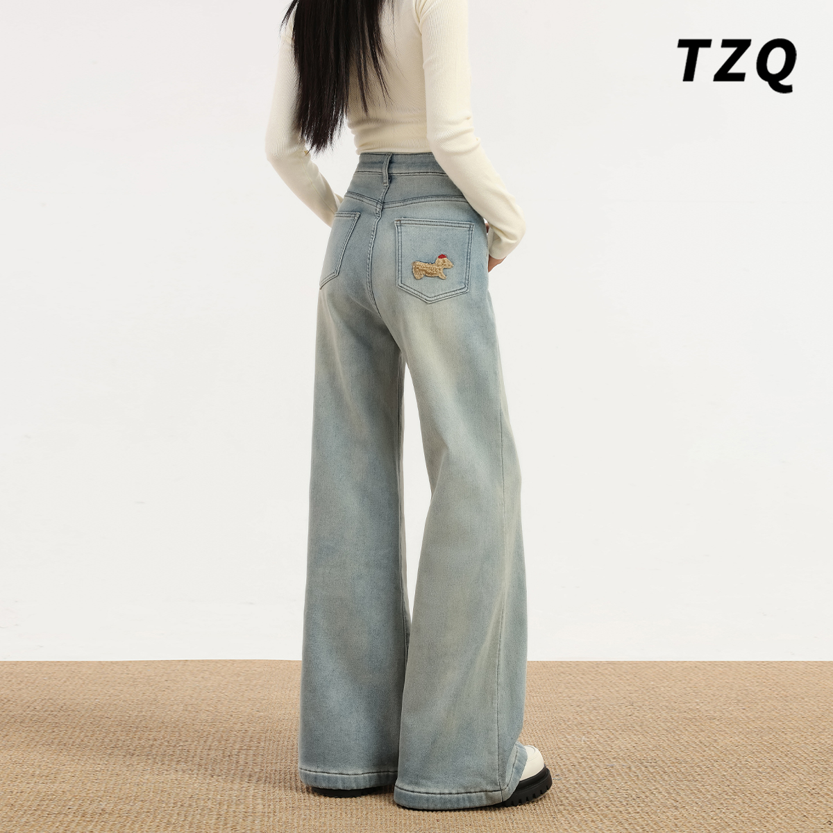 小个子复古加绒阔腿牛仔裤女秋冬小狗刺绣直筒九分裤TZQ25103105