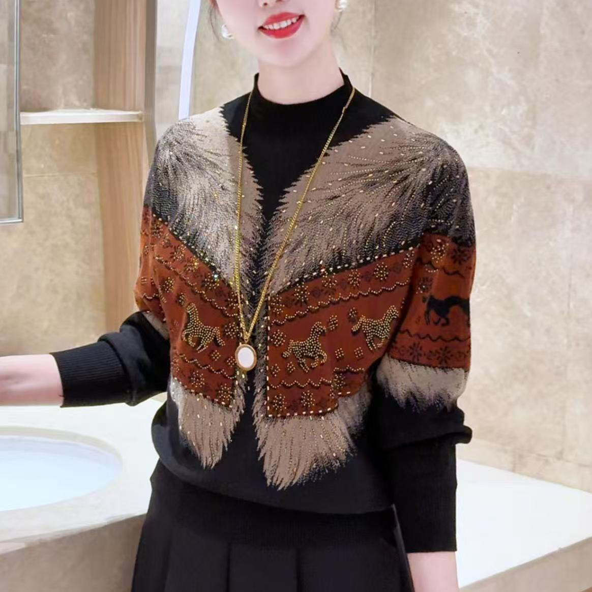 2026春季新款时尚烫钻复古长袖流苏毛衣女减龄洋气轻奢气质针织衫