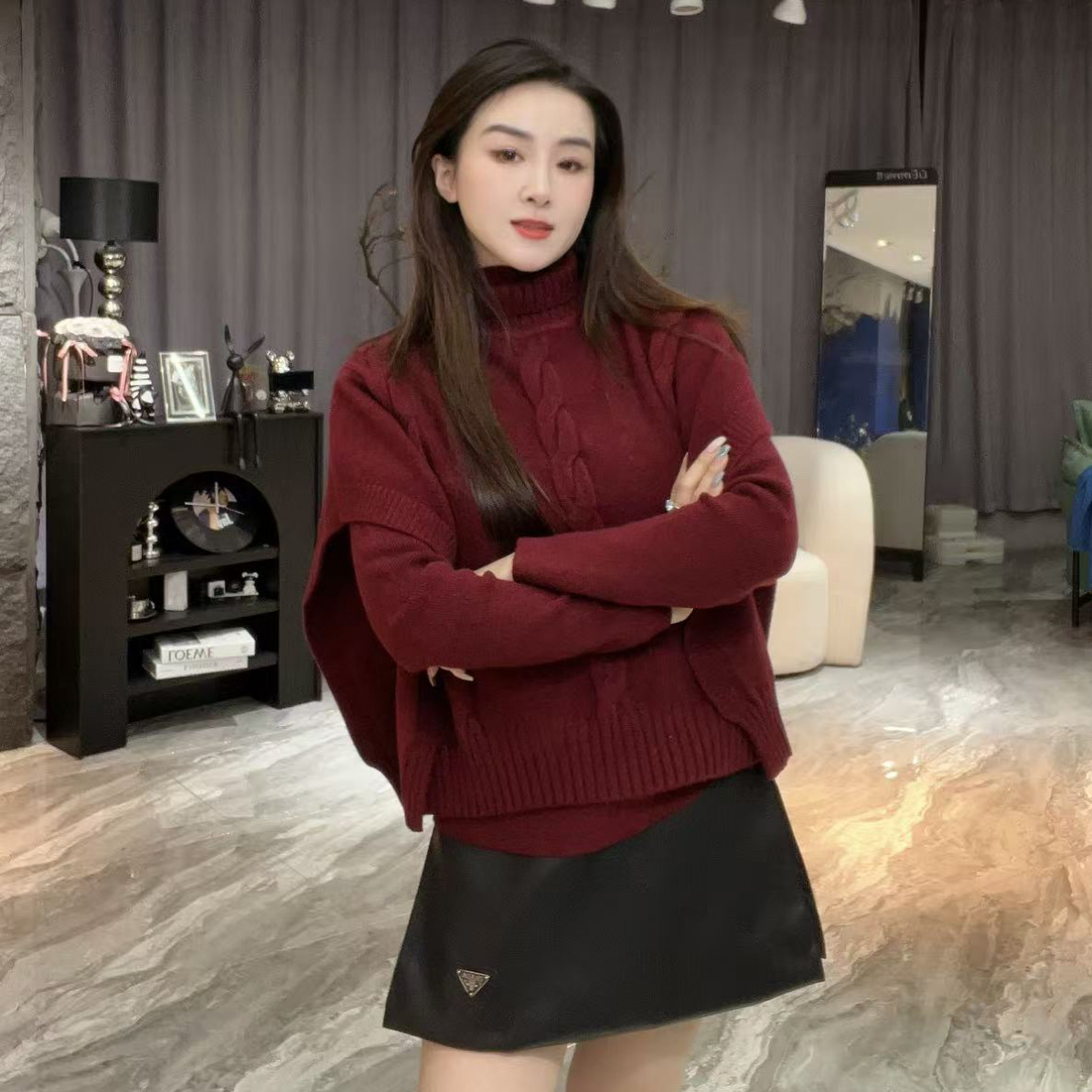 4198秋冬新款潮流【真两件】高领毛衣慵懒长袖上衣设计感针织衫