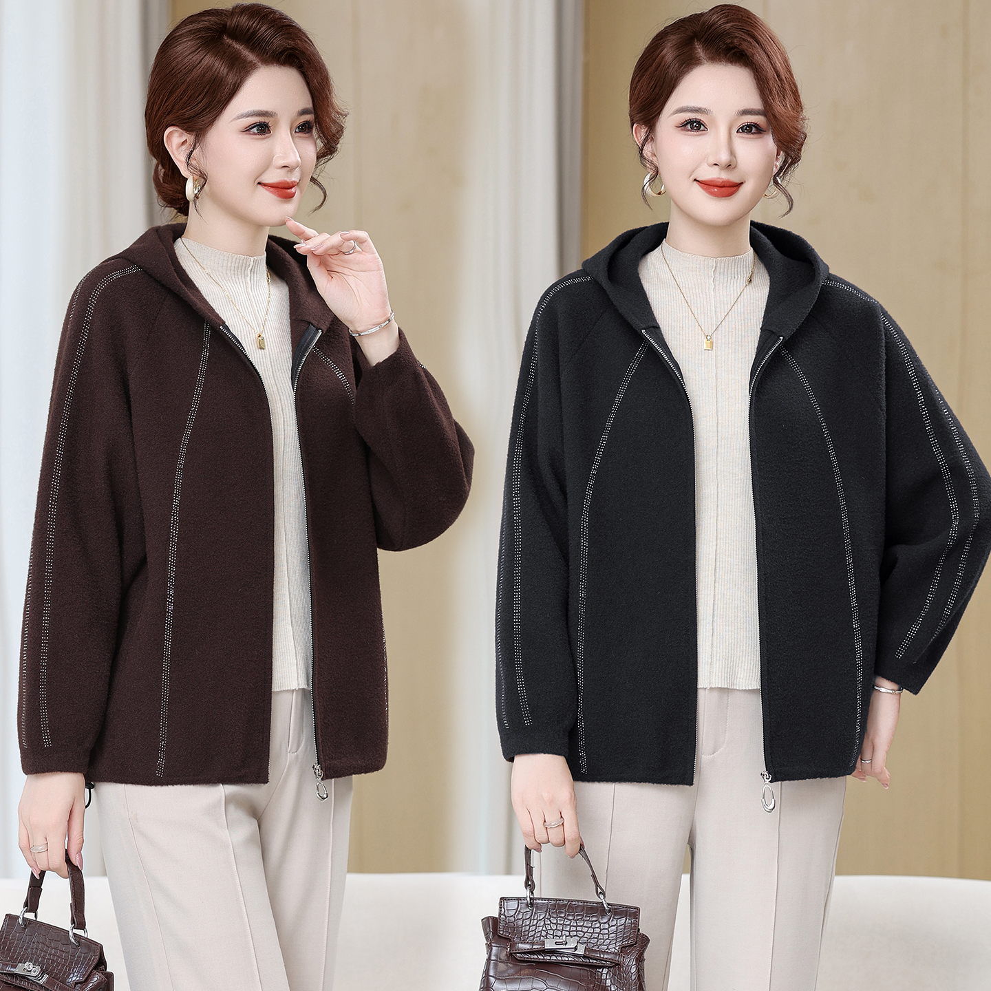 妈妈毛呢外套女2025秋冬装新款时尚洋气镶钻设计中老年拉链开衫