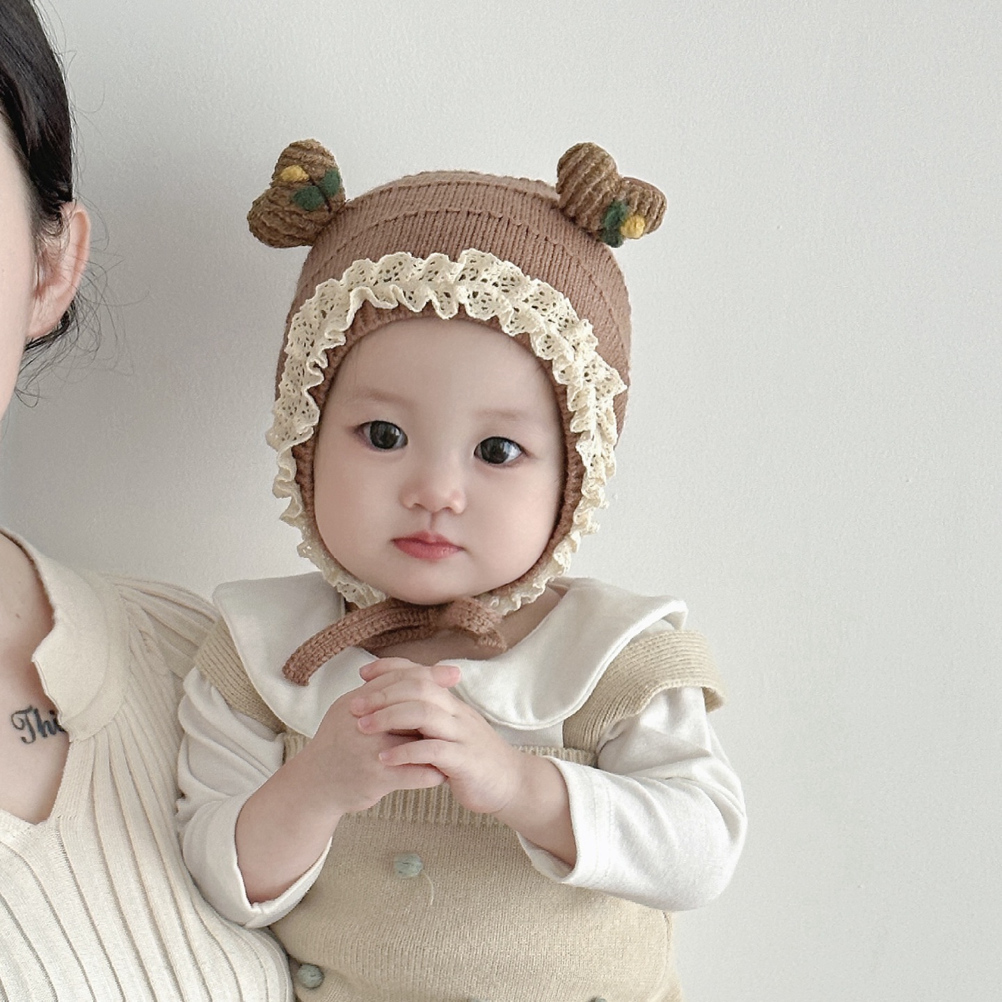 婴儿帽子秋冬季女宝宝洋气蕾丝花边针织毛线帽保暖小月龄防风护耳