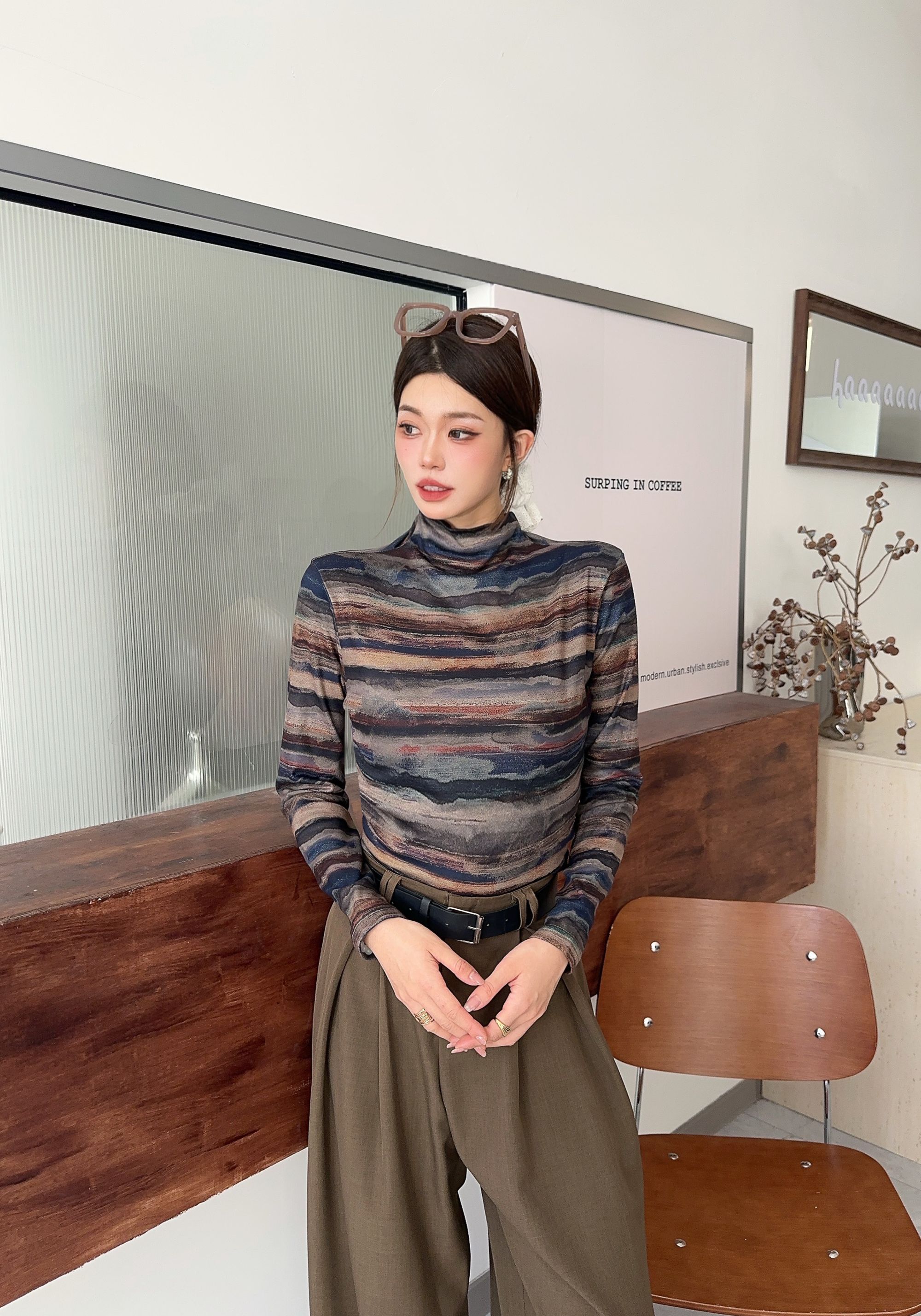 FF【水墨+彩虹条】-秋冬星空绒女士阳离子发热保暖打底衫时尚