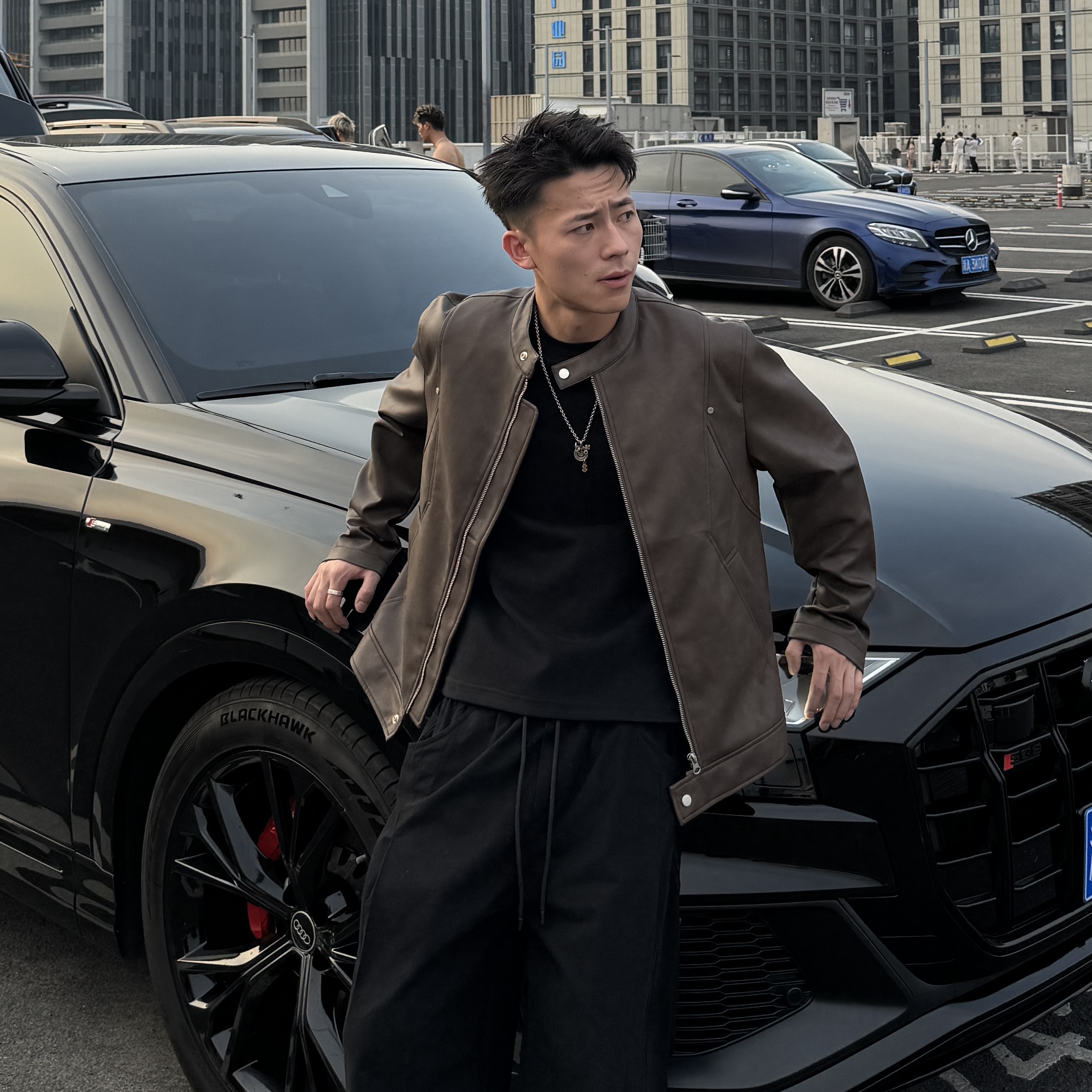 AAL秋季显瘦短款男士外套朋克风原色夹克美式痞帅潮流皮衣