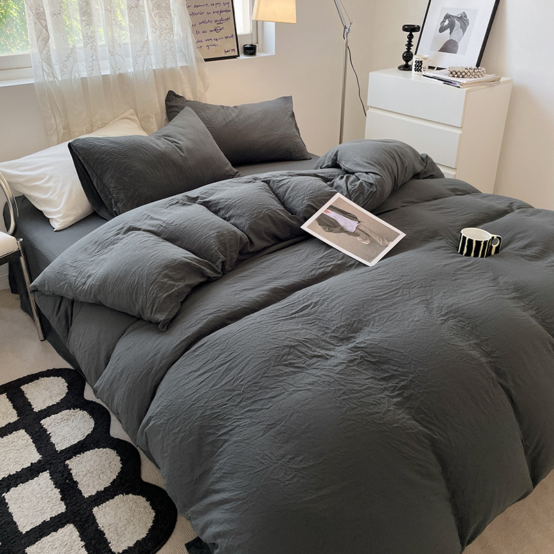 跨境纯色水洗棉四件套超柔褶皱床单被套床笠款学生宿舍三件套轻奢