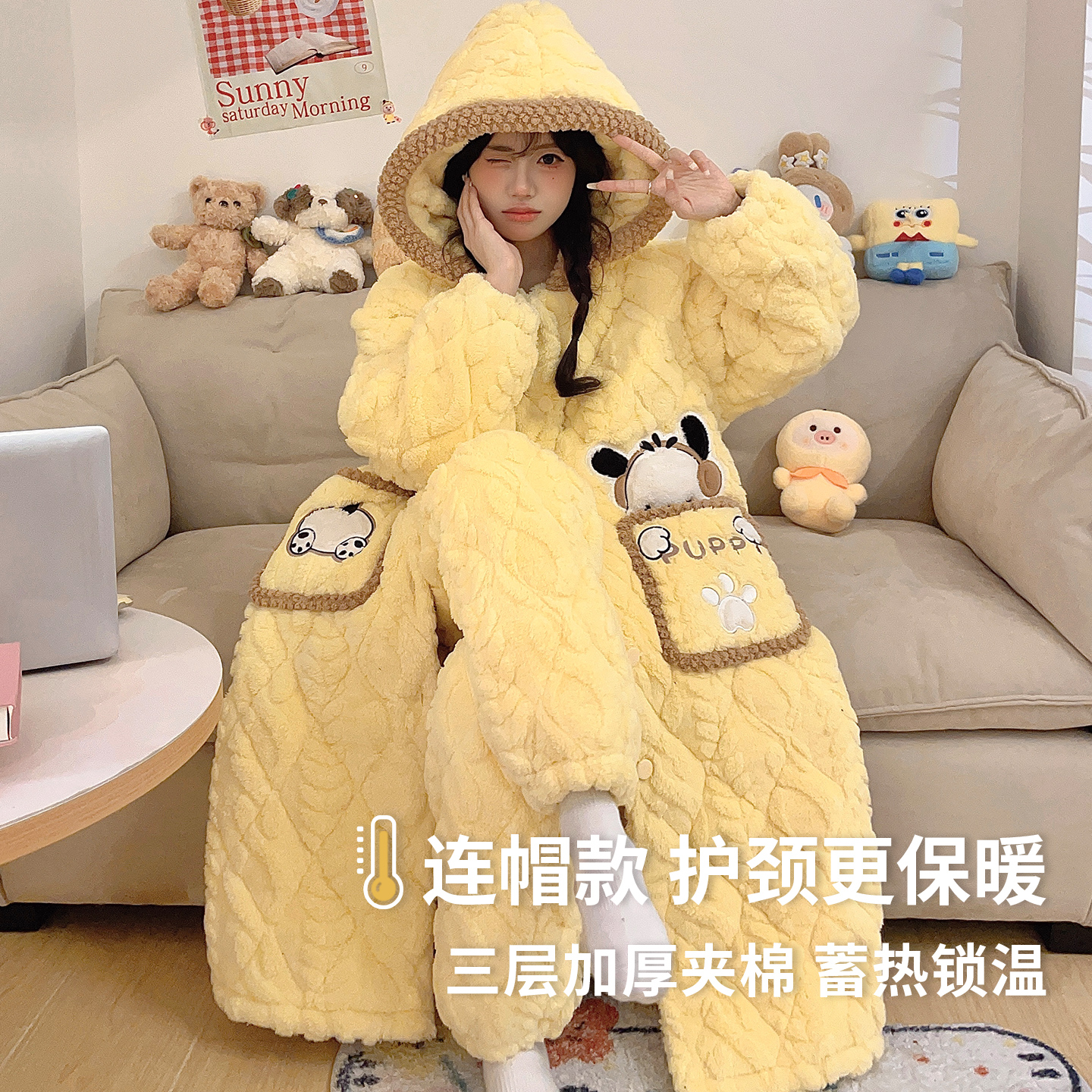 卡通可爱睡袍女士秋冬季加绒加厚三层夹棉珊瑚绒冬天款睡衣家居服