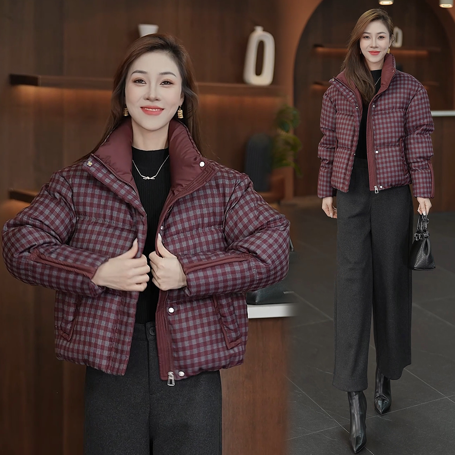 时尚加厚保暖短款格纹棉衣外套女2025冬季新款洋气质撞色百搭棉服