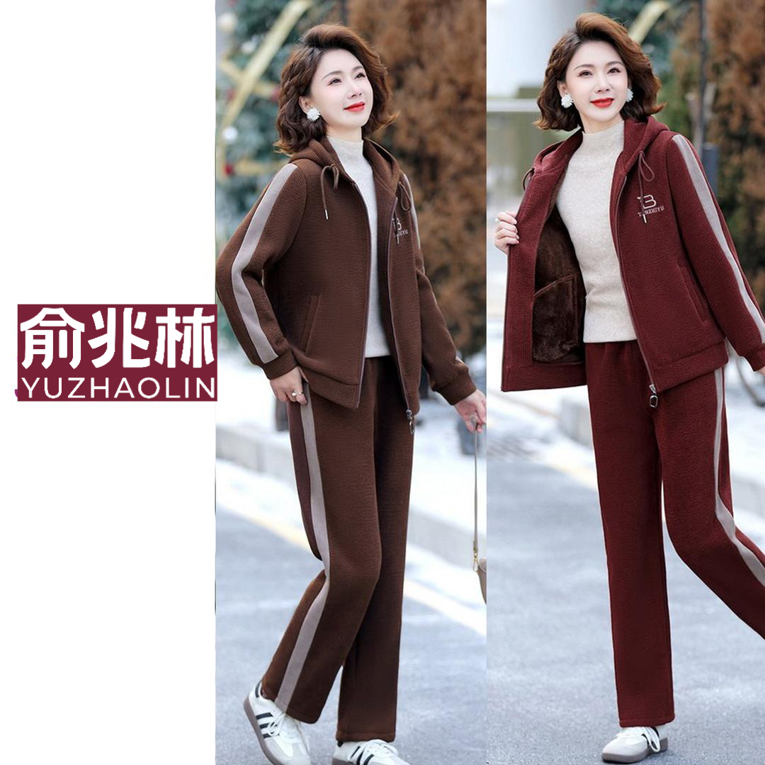 妈妈秋冬季时尚运动套装加绒加厚连帽宽松型休闲风套装正品