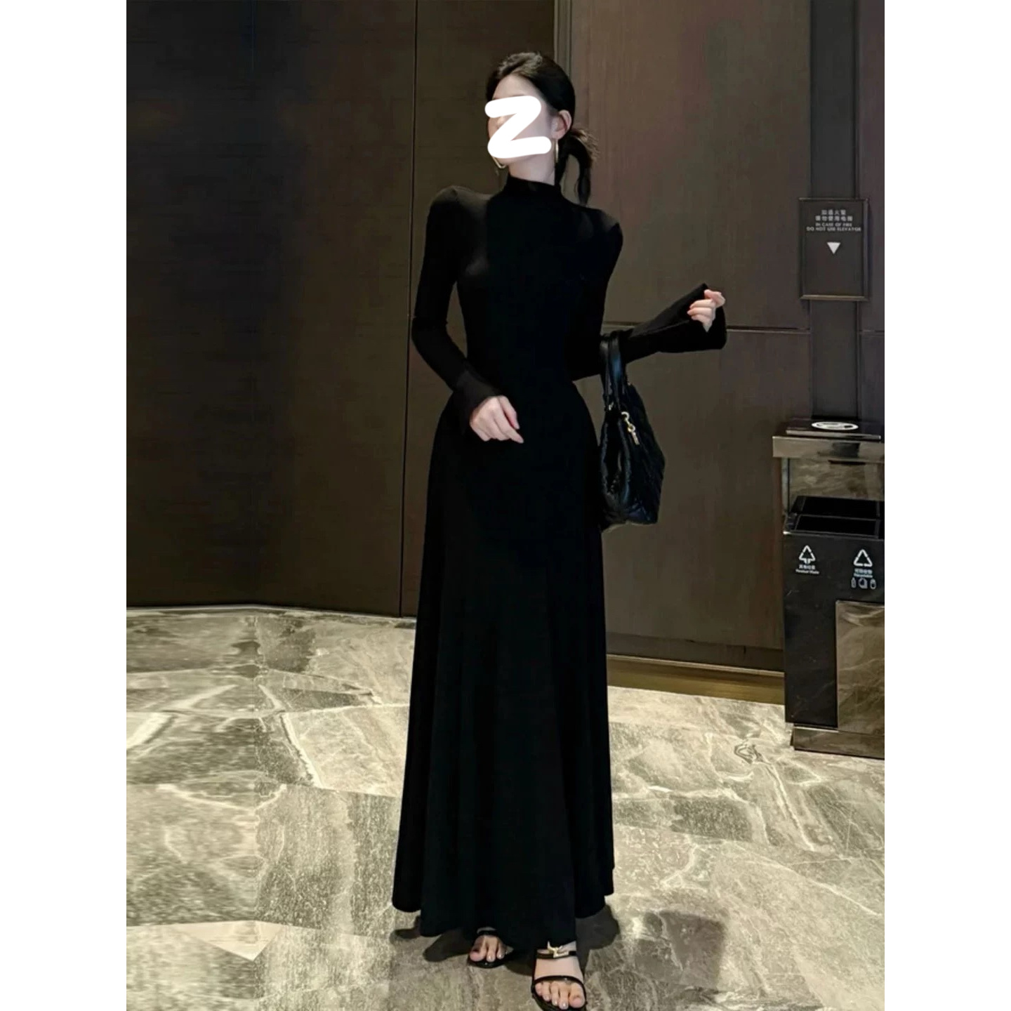 【半高领版】喇叭袖长款大摆连衣裙时尚百搭显瘦裙子法式气质大摆裙