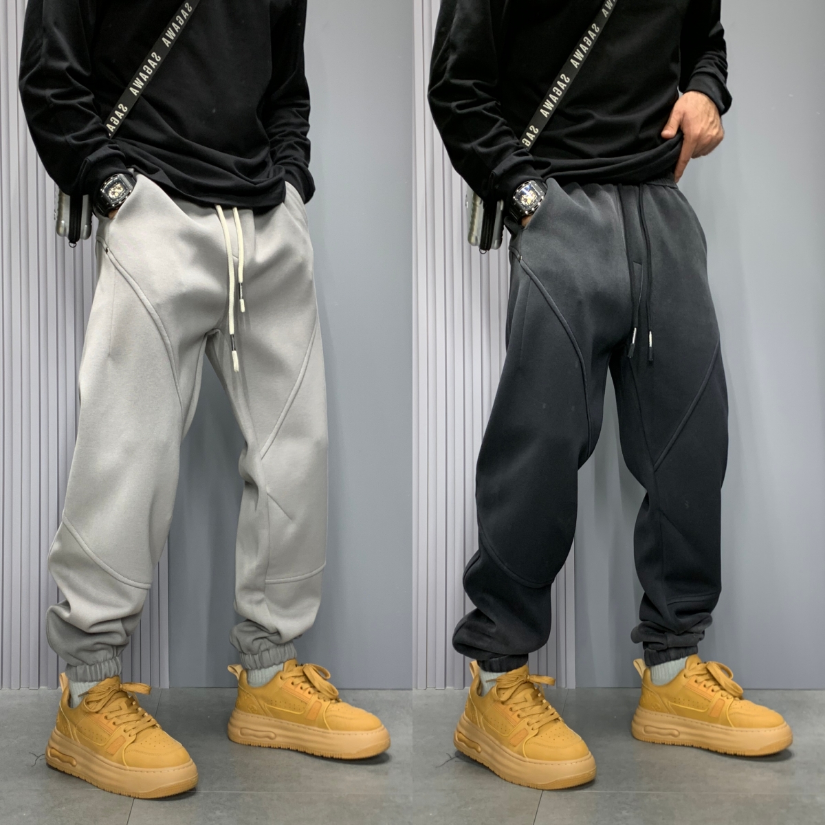 秋季纯色拼条运动卫裤男士新款潮牌痞帅潮流宽松直筒百搭休闲裤子