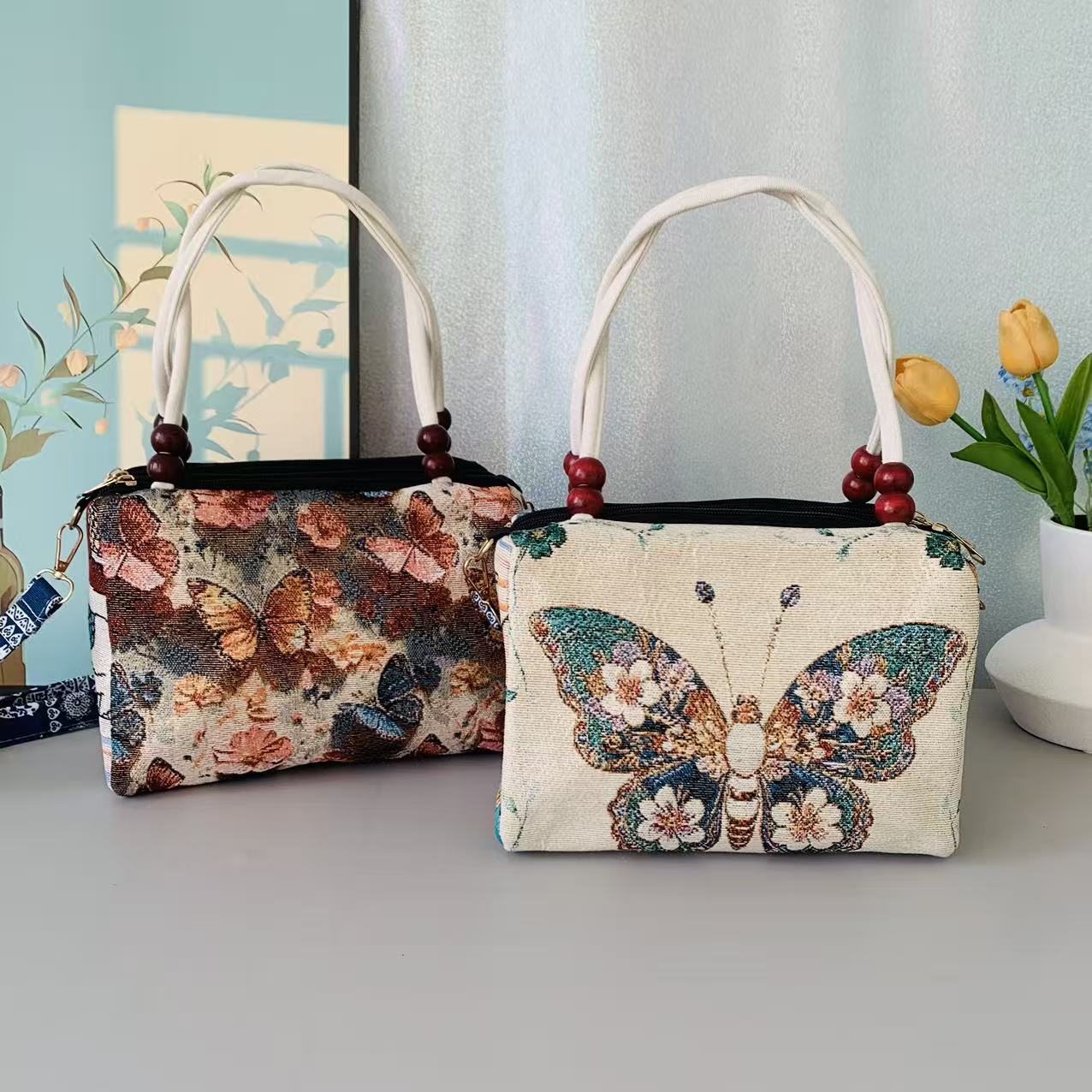 多隔层拉链民族风文艺风单肩式手提包双面刺绣古风女士斜挎包包