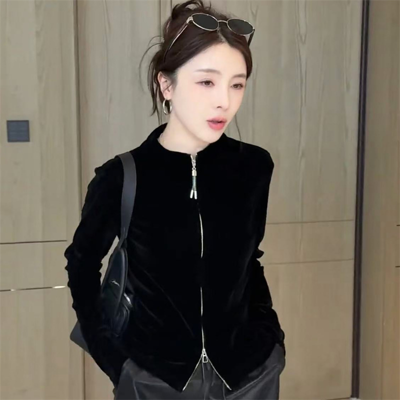 复古洋气双拉链头黑色丝绒长袖开衫外套女2025早秋新款百搭短上衣