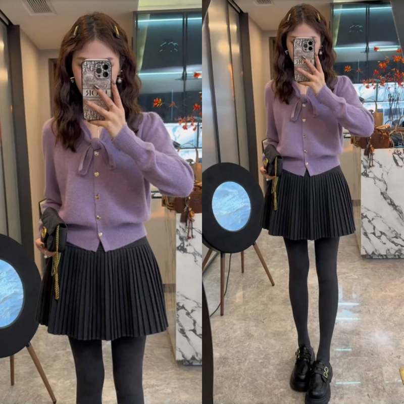 小香风蝴蝶结紫色毛衣女秋冬季外穿显瘦