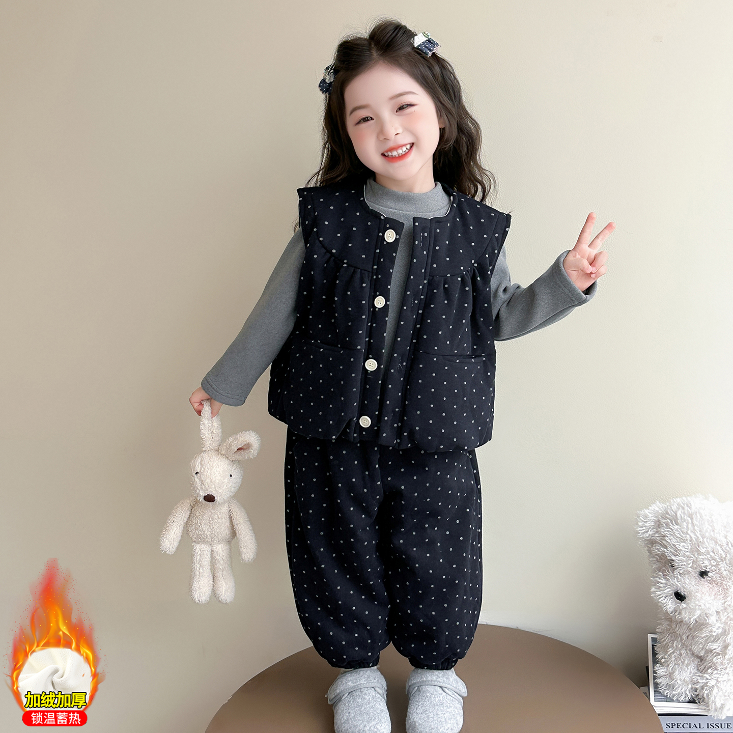 女童加绒波点马甲套装洋气儿童秋冬装加厚保暖三件套女宝宝小香风