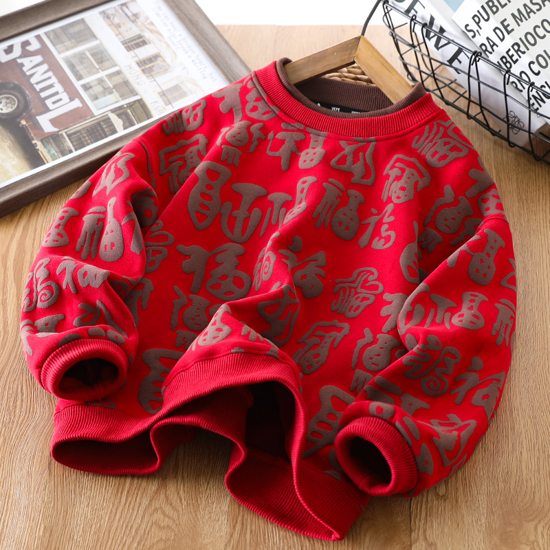 男女童加绒卫衣假两件冬季新款2025儿童过年加厚圆领上衣红色年服