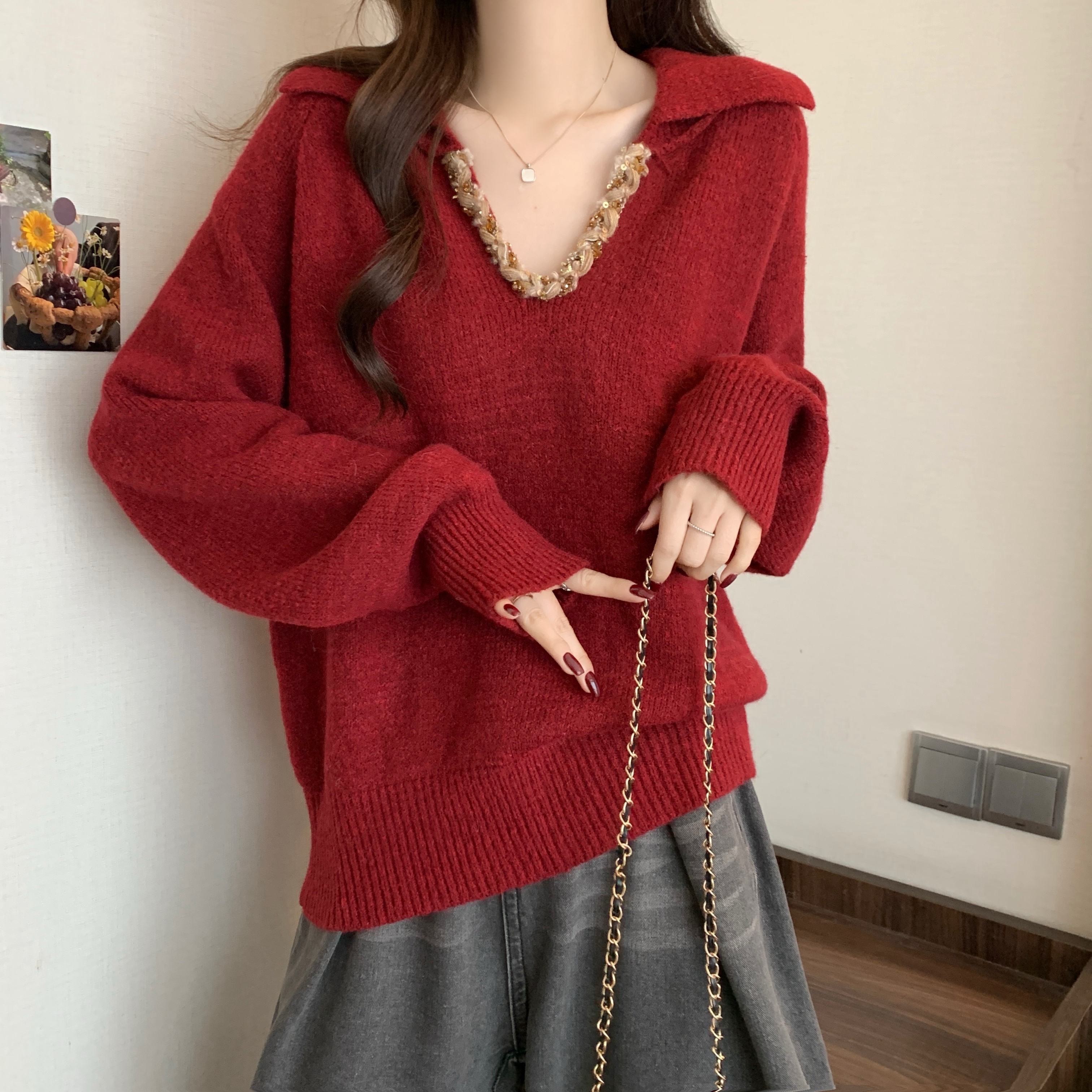 大码时尚复古红色毛衣女装秋季慵懒风软糯针织衫胖MM遮肉显瘦上衣