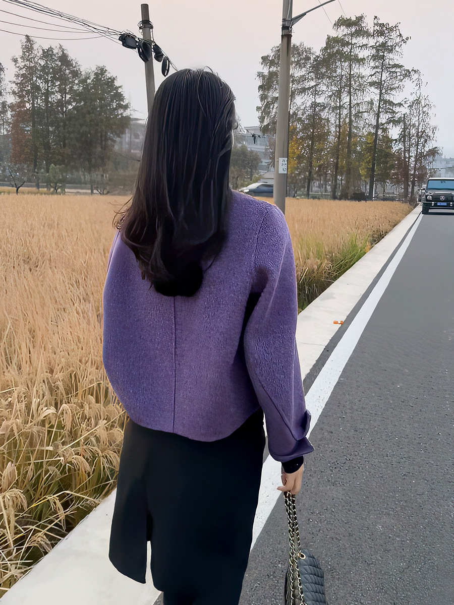 简约气质紫色显白短款毛呢外套女冬季新款通勤百搭圆领显瘦上衣潮