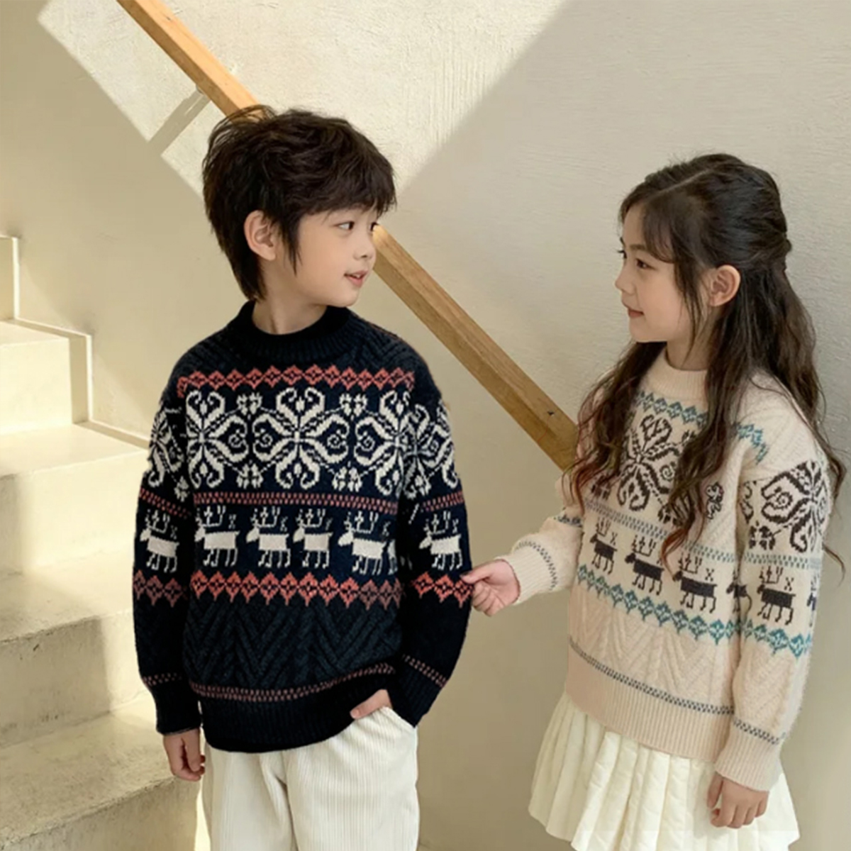秋冬撞色复古提花儿童圆领加厚宝宝针织衫男童女童毛衣