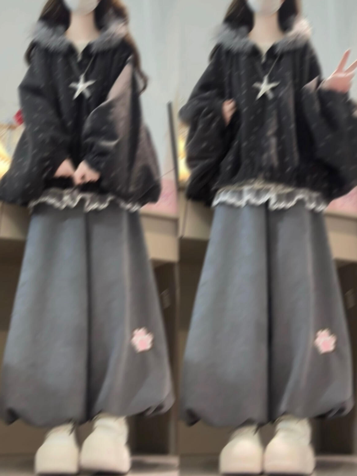 2026秋冬新款日系复古蝙蝠袖波点加绒外套搭配阔腿裤时尚两件套女