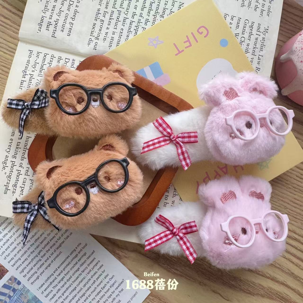 新款可爱眼镜小熊小兔毛绒发夹BB夹儿童刘海侧边夹卡通甜美碎发夹