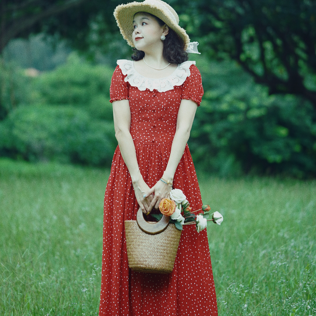 （巴黎甜心）法式复古小众设计感红色波点连衣裙女夏季一字肩仙女裙