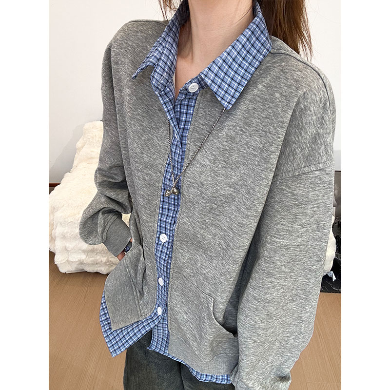 美式复古假两件开衫卫衣男款秋季格子拼接翻领外套慵懒风情侣穿搭