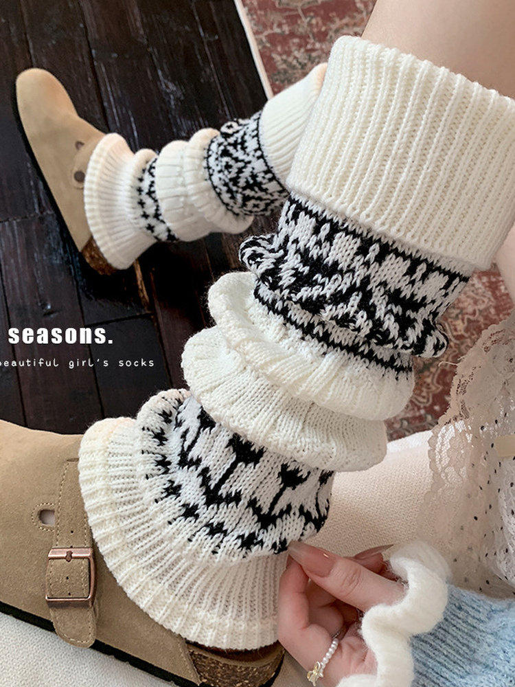 费尔岛堆堆袜套女秋冬复古小腿袜子长筒显瘦腿套针织加厚叠穿长袜